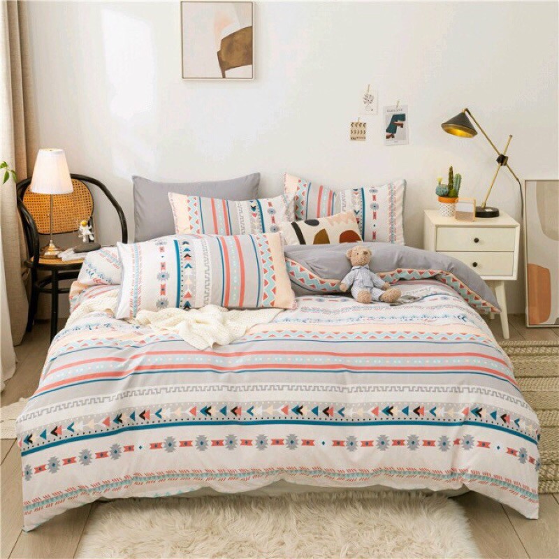 Bộ chăn ga poly nhập khẩu có ruột bông dày mẫu thổ cẩm trắng