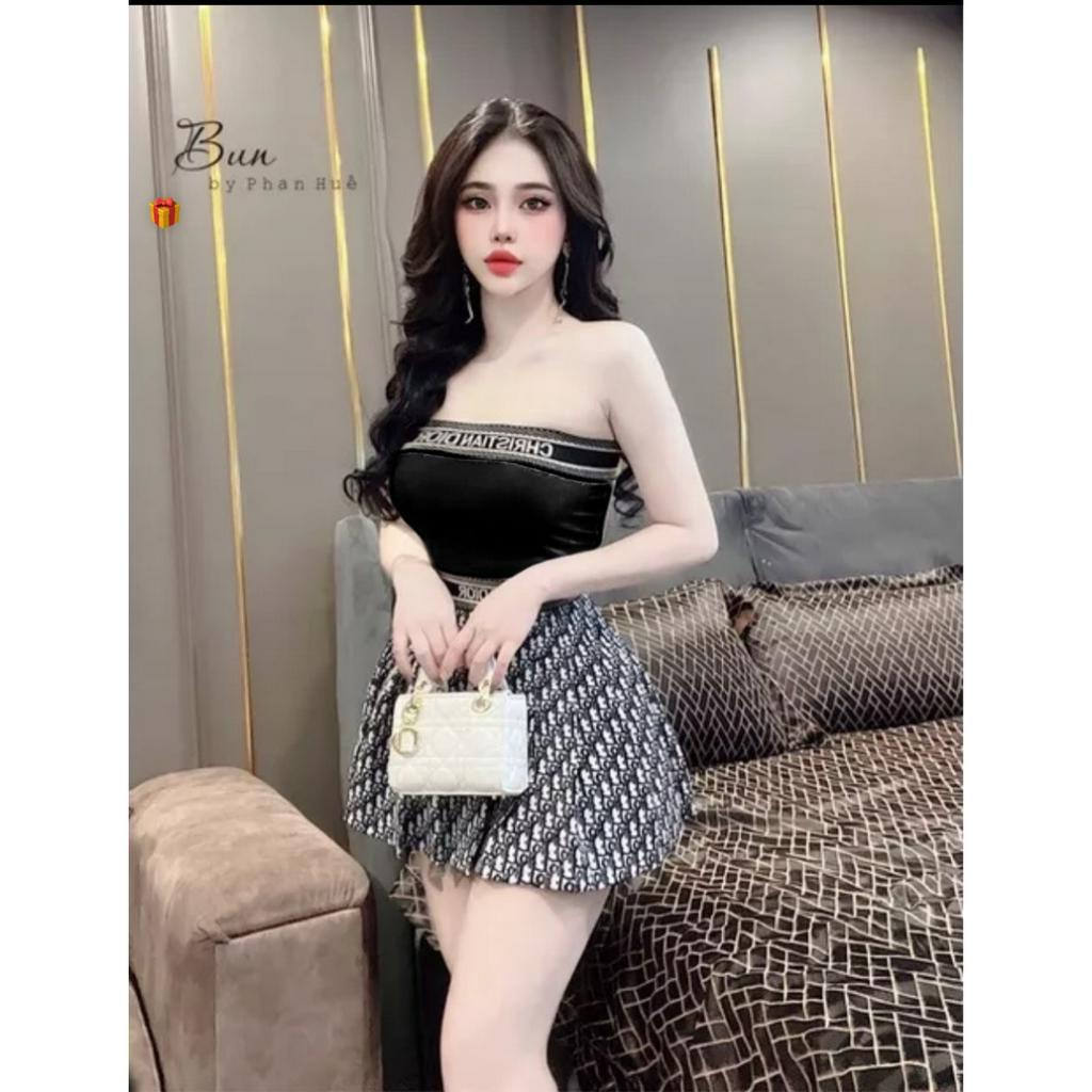 Set nữ áo ống croptop mix chân váy xòe dáng ngắn kèm đai in chữ chất thun bozip xinh hot