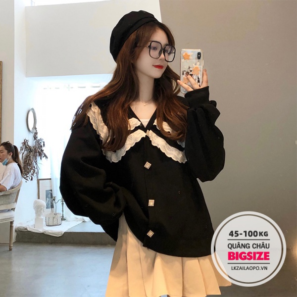 Áo nỉ nữ Bigsize form rộng cổ bèo tay dài mùa thu Phong cách Hàn Quốc cute Thời Trang cá tính cho người mập béo 45-100kg