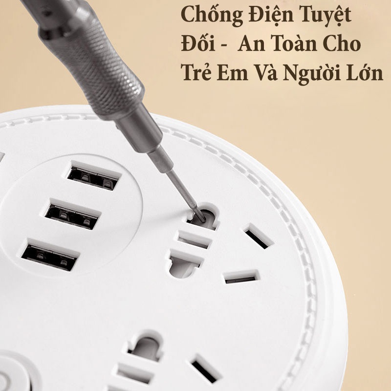 Ổ Cắm Điện Thông Minh Đa Năng Chống Giật, Tích Hợp 3 Cổng Sạc USB Tiện Lợi, Hình TRÒN CÓ LED VER 4 - Gia Dụng Tý Tẹo
