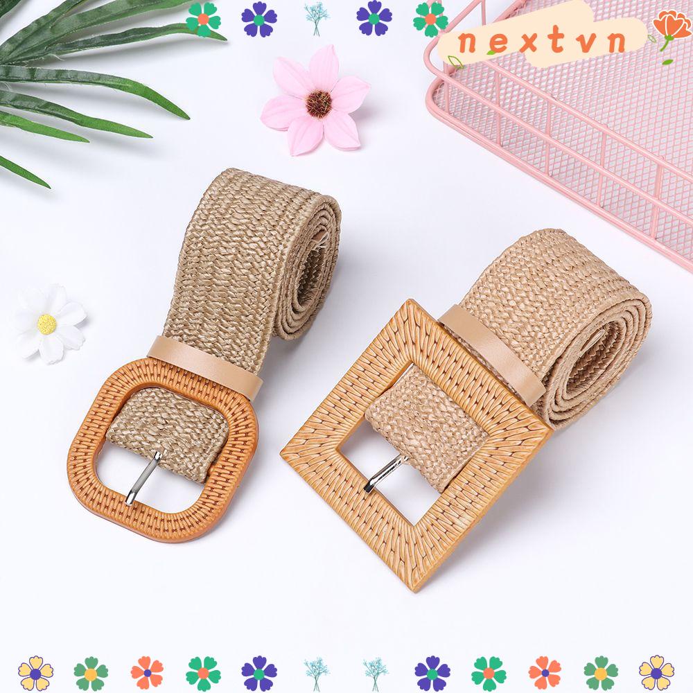 PP Straw Woven Wide Belt Dress Shirt Casual Elastic Wooden Buckle Jade Clasp Braided Strap