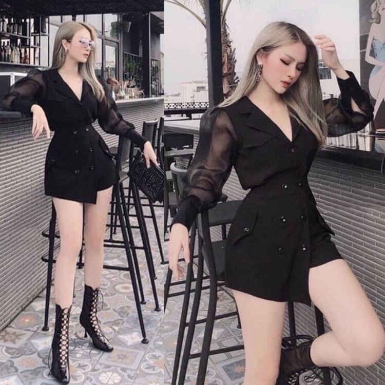 Jumpsuits Ngắn Cổ Tim Tay Phối Lưới Phối Voan Thời Trang[Hàng Thiết Kế]