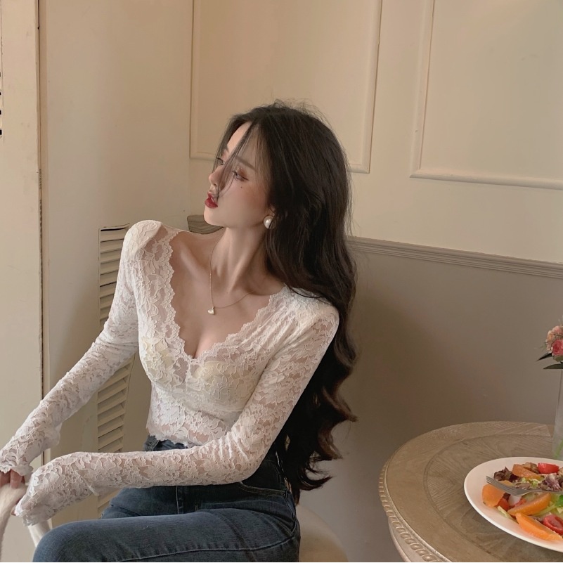 Áo kiểu tay dài cổ chữ V phối ren quyến rũ thời trang mùa thu