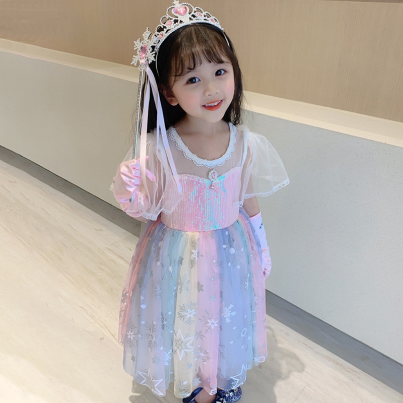 Đầm Công Chúa Tay Ngắn Đính Kim Sa Lấp Lánh Màu Cầu Vồng Xinh Xắn Cho Bé Gái