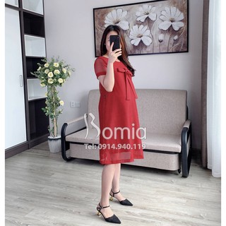 Váy bầu ren lưới đỏ nơ ngực