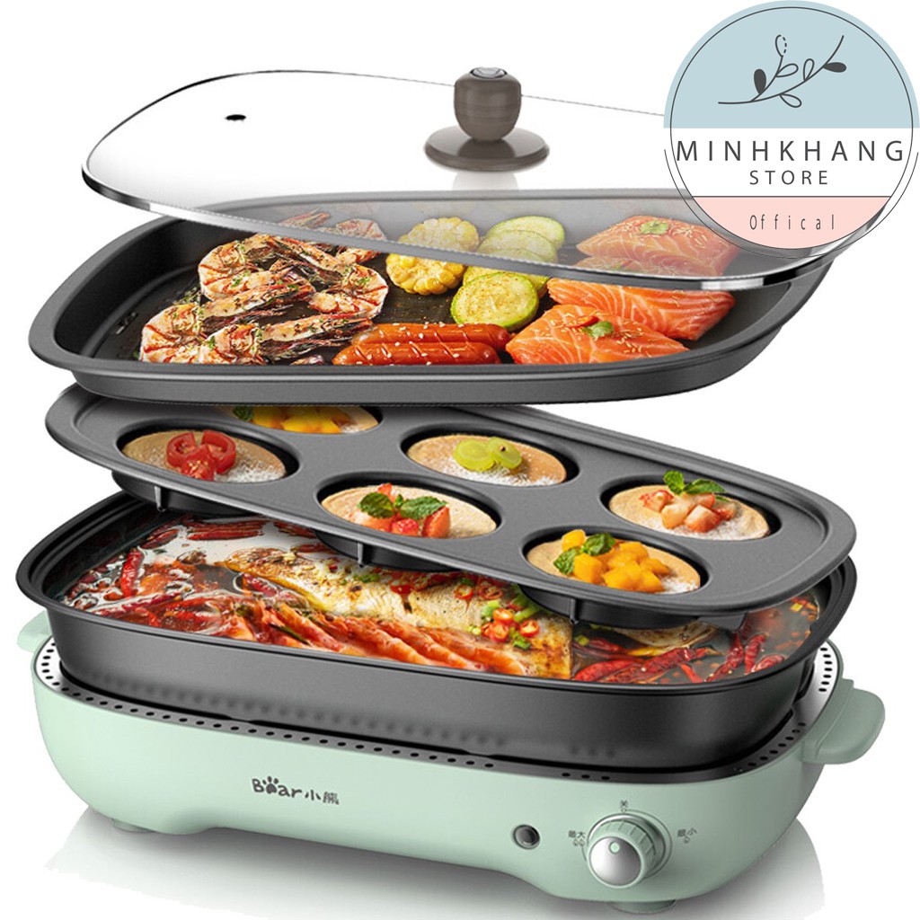 Nồi Lẩu Nướng 3 Khay Đa Năng Có Thể Tháo Rời BEAR - Bếp Nướng Điện 3 Trong 1 - Bảo Hành 12 Tháng