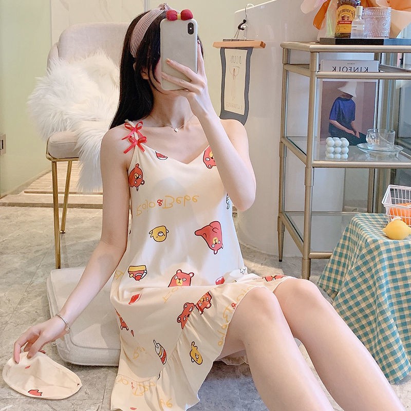 Đầm Ngủ Hai Dây Có Mút Đệm Ngực Kiểu Hàn Quốc Thời Trang Mùa Hè Cho Nữ Dễ Thương