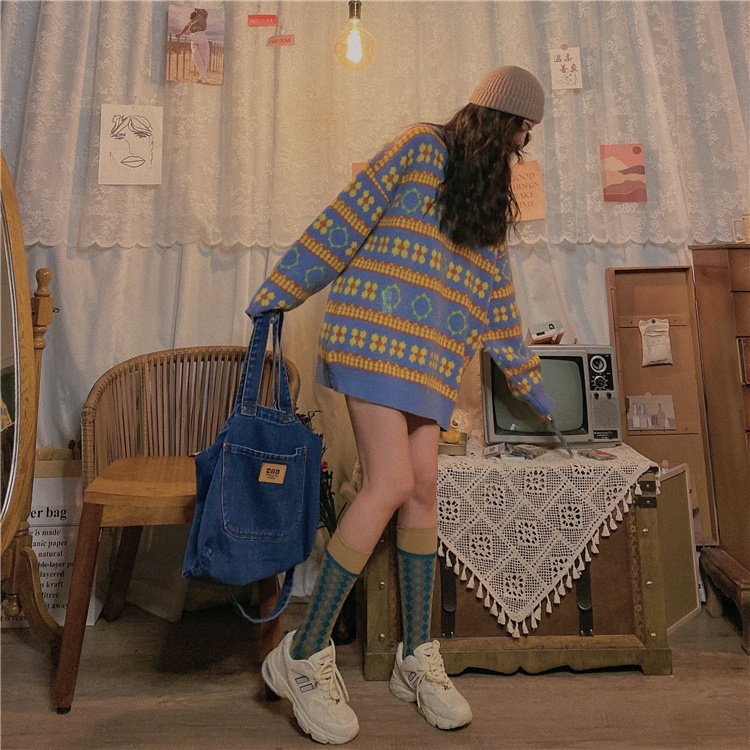 Áo kiểu thời trang SUXI vải dệt kim tay dài hoạ tiết kẻ hoa văn phong cách retro