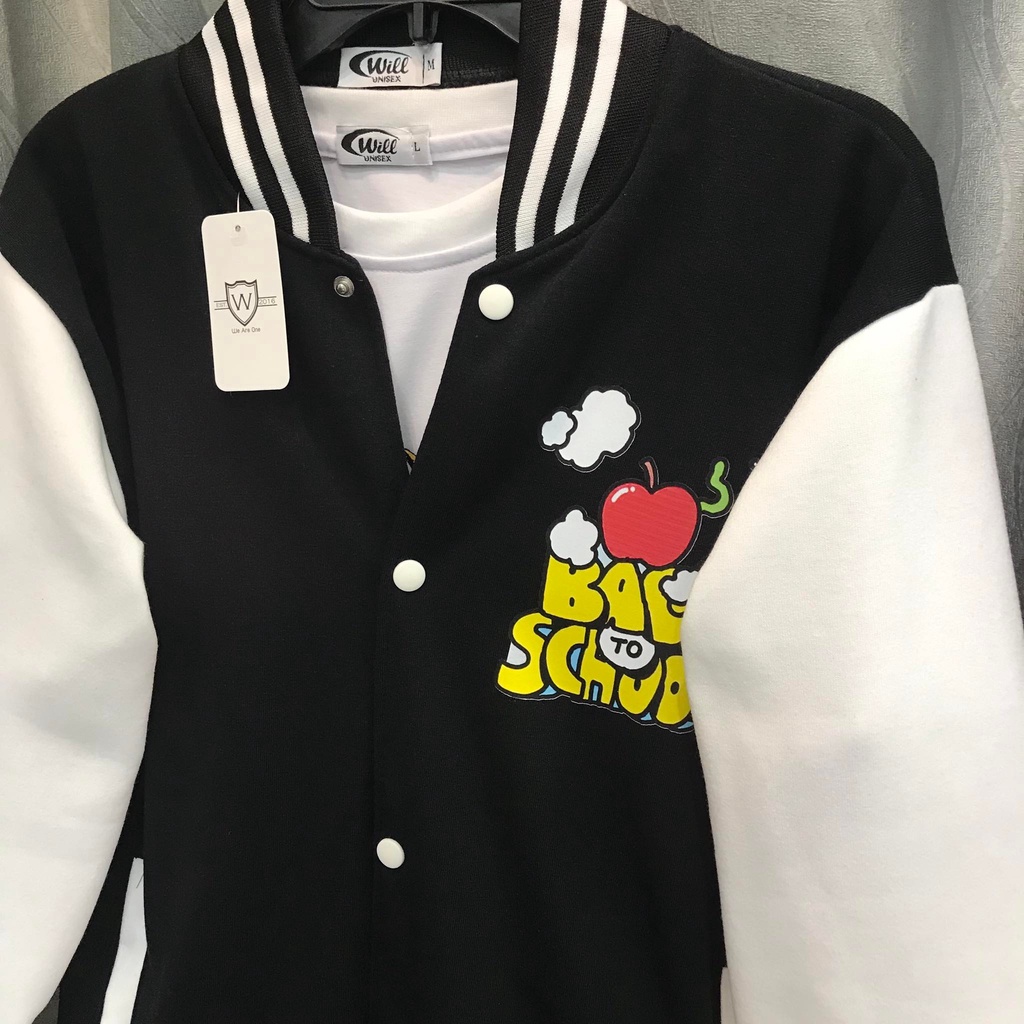 Khoác Bomber BACK TO SCHOOL ĐEN - phong cách ẢNH THẬT nam nữ WILL SHOP chất nỉ bông
