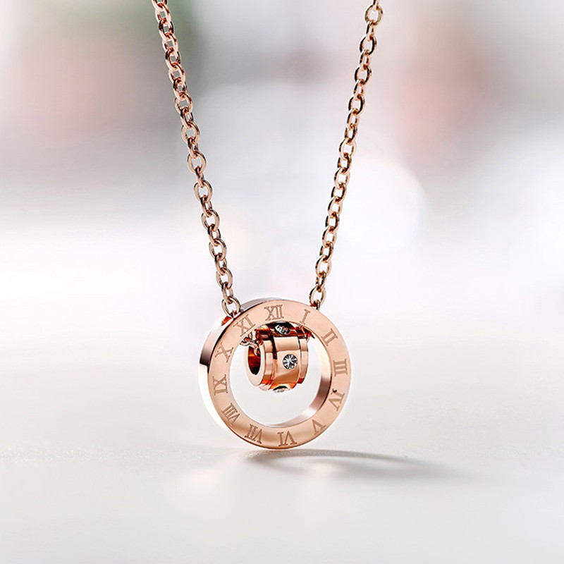 Vòng cổ Đính Đá Zircon Và Số La Mã Cho Nữ | Nhẫn Titan Mạ VàNg HồNg 18K ĐíNh Đá Xinh XắN
