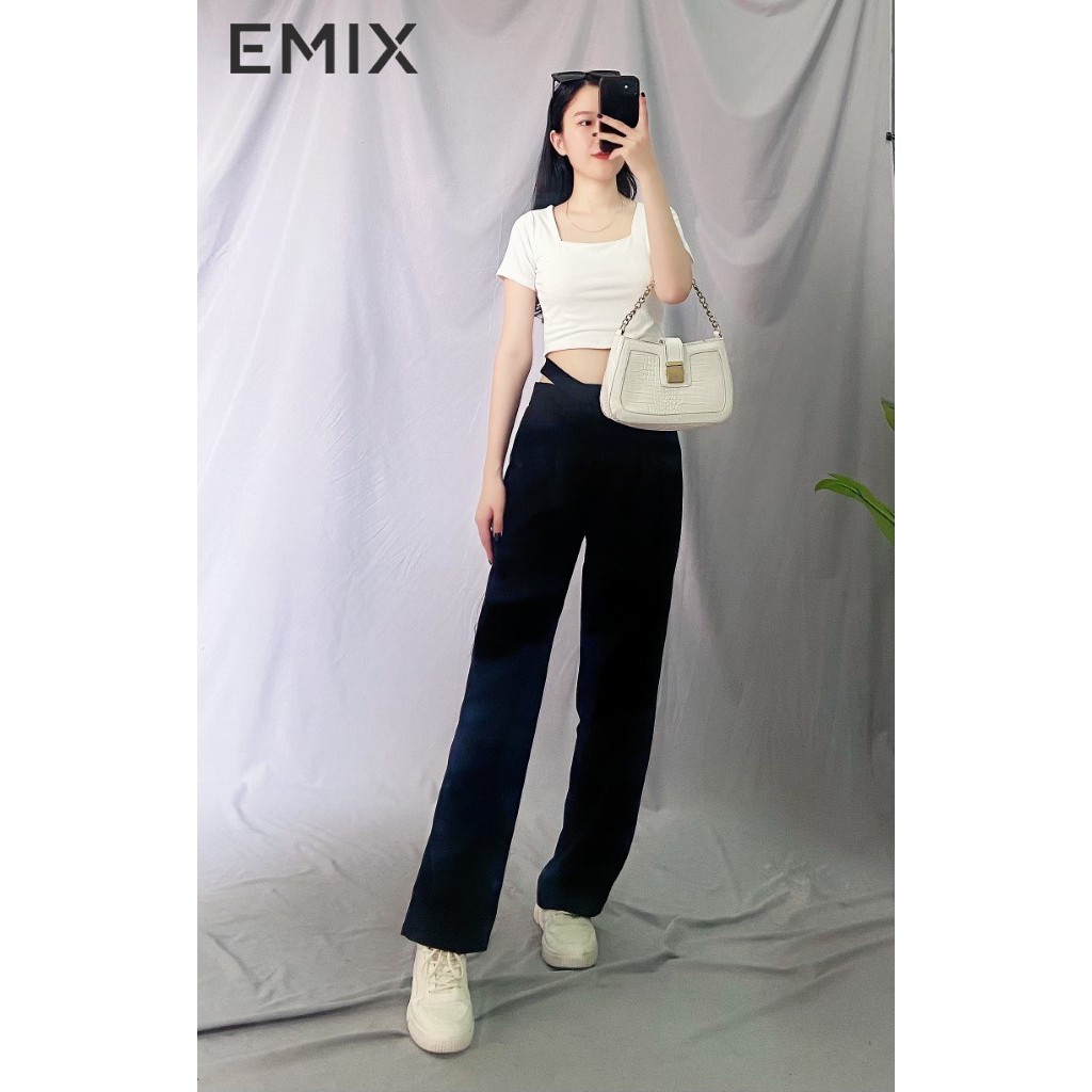 Quần tây nữ ống sớ kiểu mới cạp dây EMIX (2 màu), dáng dài, form rộng, cạp cao, vải tuyết mưa, mềm mịn, không bai xù