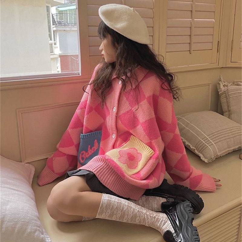 Áo khoác cardigan dệt kim dáng rộng kẻ sọc đính đá dễ thương