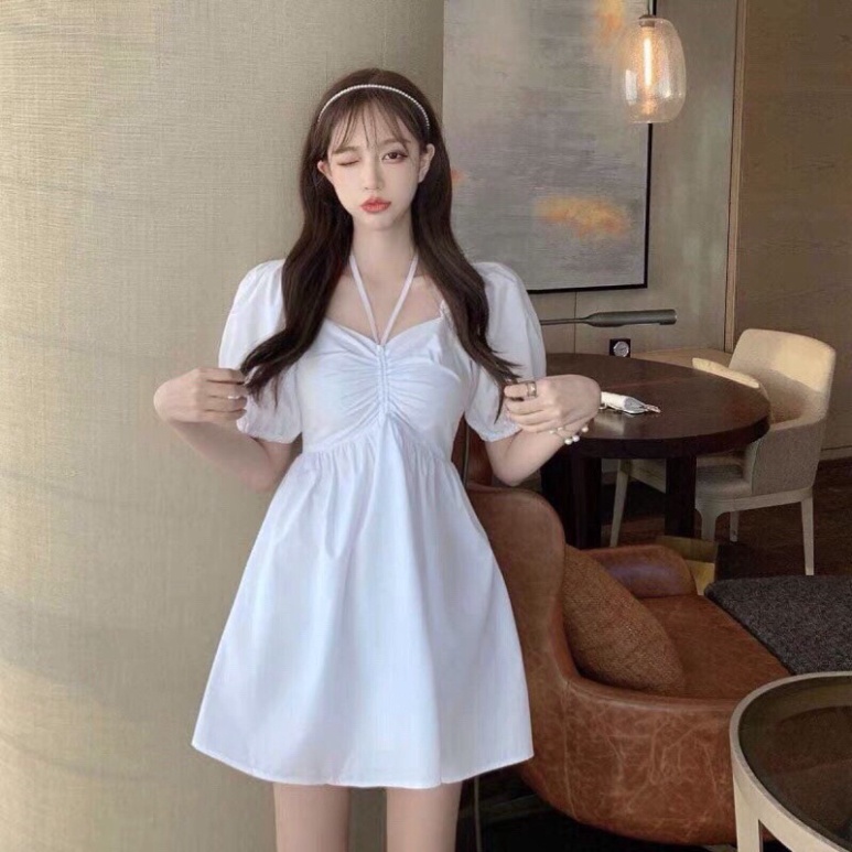 VÁY TRẮNG RÚT DÂY NGỰC VIỀN BÈO TAY CHUN - ĐẦM CỔ VUÔNG DÁNG YẾM BUỘC ULZZANG