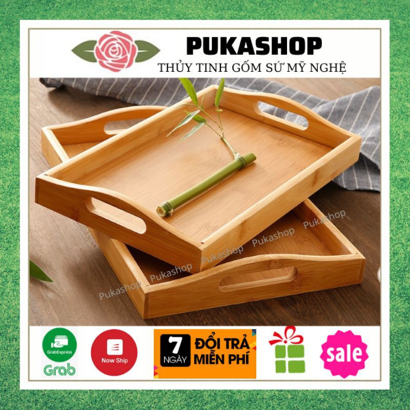 khay để bộ ấm trà có tay cầm, khay trúc hàng đẹp