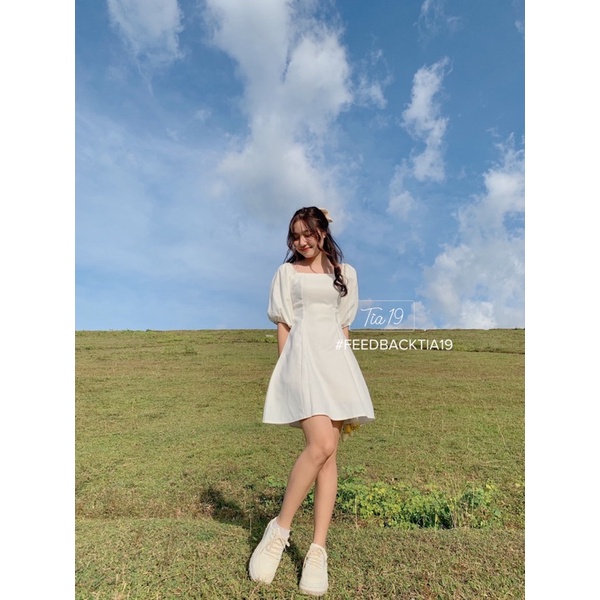 Váy cổ vuông tay bồng Tia19. Đầm trễ vai dáng xoè ulzzang ( Ảnh thật) | BigBuy360 - bigbuy360.vn