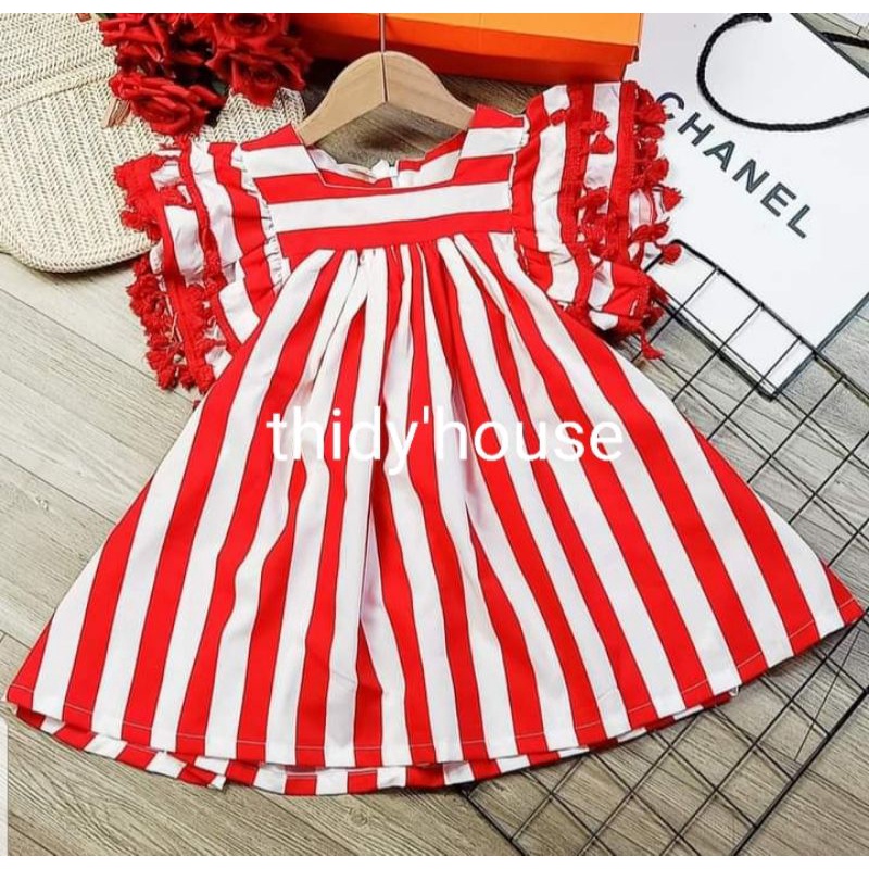 Đầm sọc vàng đỏ bé gái 8-22kg, thân váy xòe thoải mái vận động, tay phồng 2 lớp cách điệu xinh xinh, mềm mát, ảnh thật