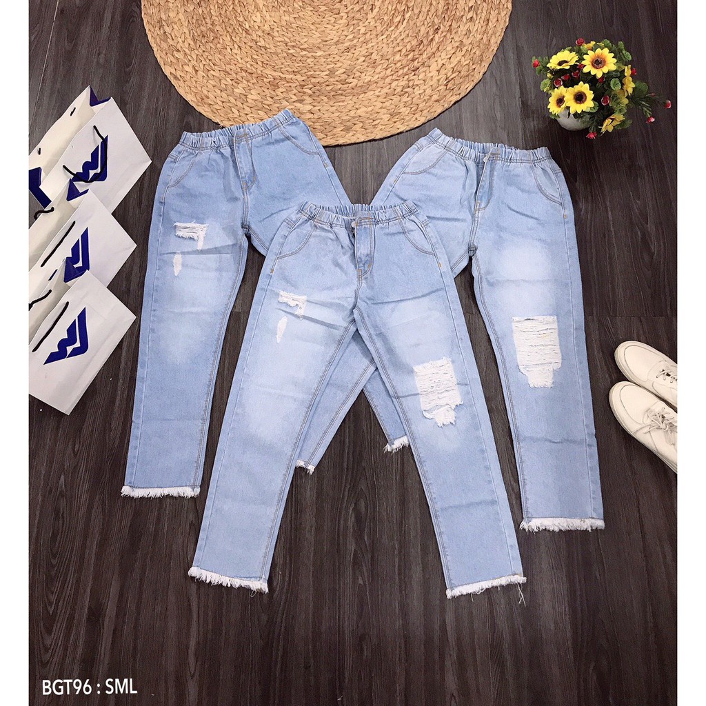 Quần Baggy Jeans Lưng Thun - Rách