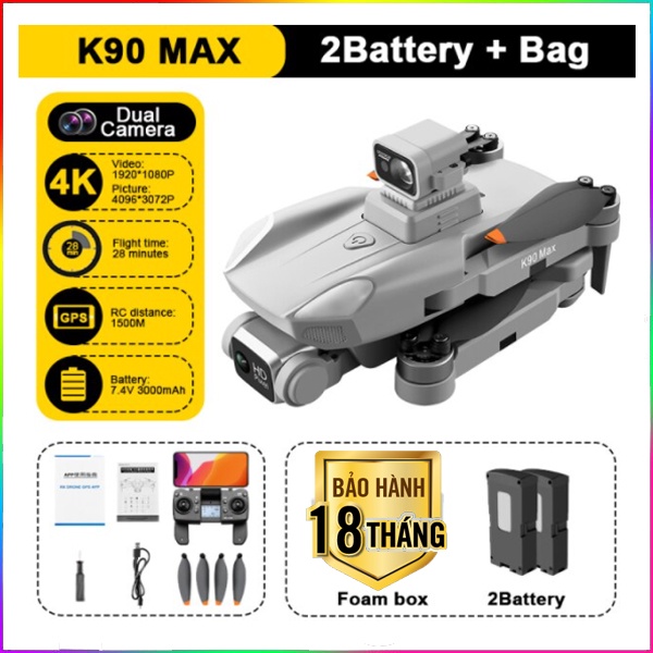 2 Camera + Bay Xa 1500M GPS Máy Bay Drone Flycam K90 Max Camera 4k GPS Bay 28 Phút, Cảm Biến Tránh Vật Cản, Pin Trâu