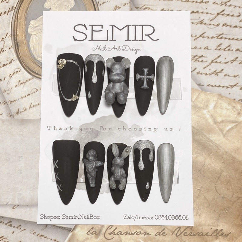 Nail Box thiết kế tone đen nhũ bạc cá tính đính charm gấu bear brick, charm thỏ, charm thiên thần, charm chữ thập