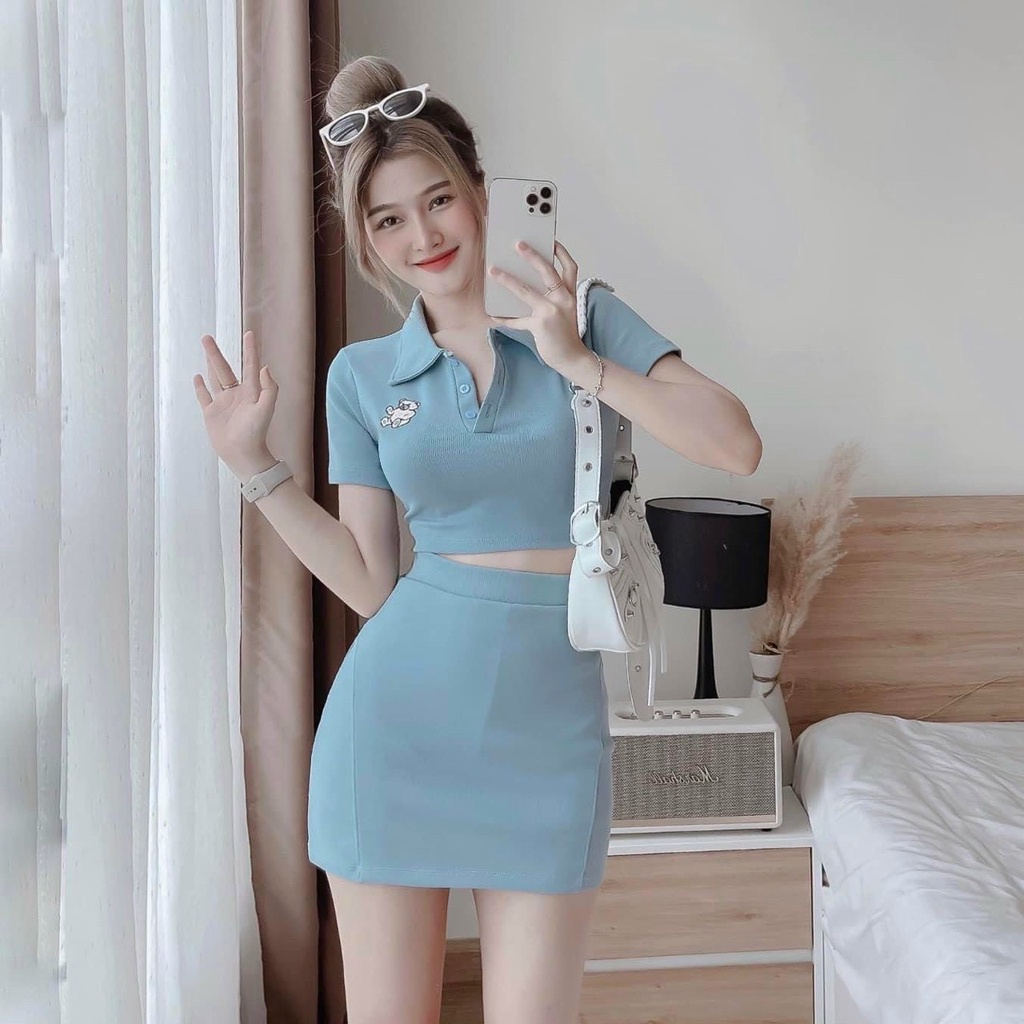 [HCM] Sét Áo Cổ Sơ Mi Thêu Gấu (Váy Có Lót) Thời Trang Nữ Sam Closet Free Size 40-55kg