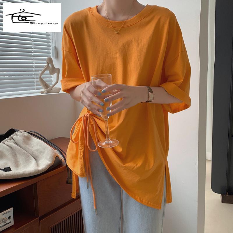 Hàng Có Sẵn Bán Chạy~Áo Thun Tay Ngắn Dáng Rộng Phối Dây Rút Thiết Kế Xẻ Tà Cỡ Lớn 300 Jin Thời Trang Cho Nữ