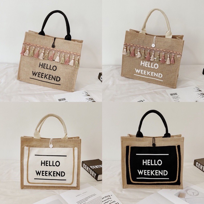 Túi cói vintage size to xách tay đi biển NỮ vải bố Hàn Quốc thời trang giá rẻ Herbagstore HELLO Weekend