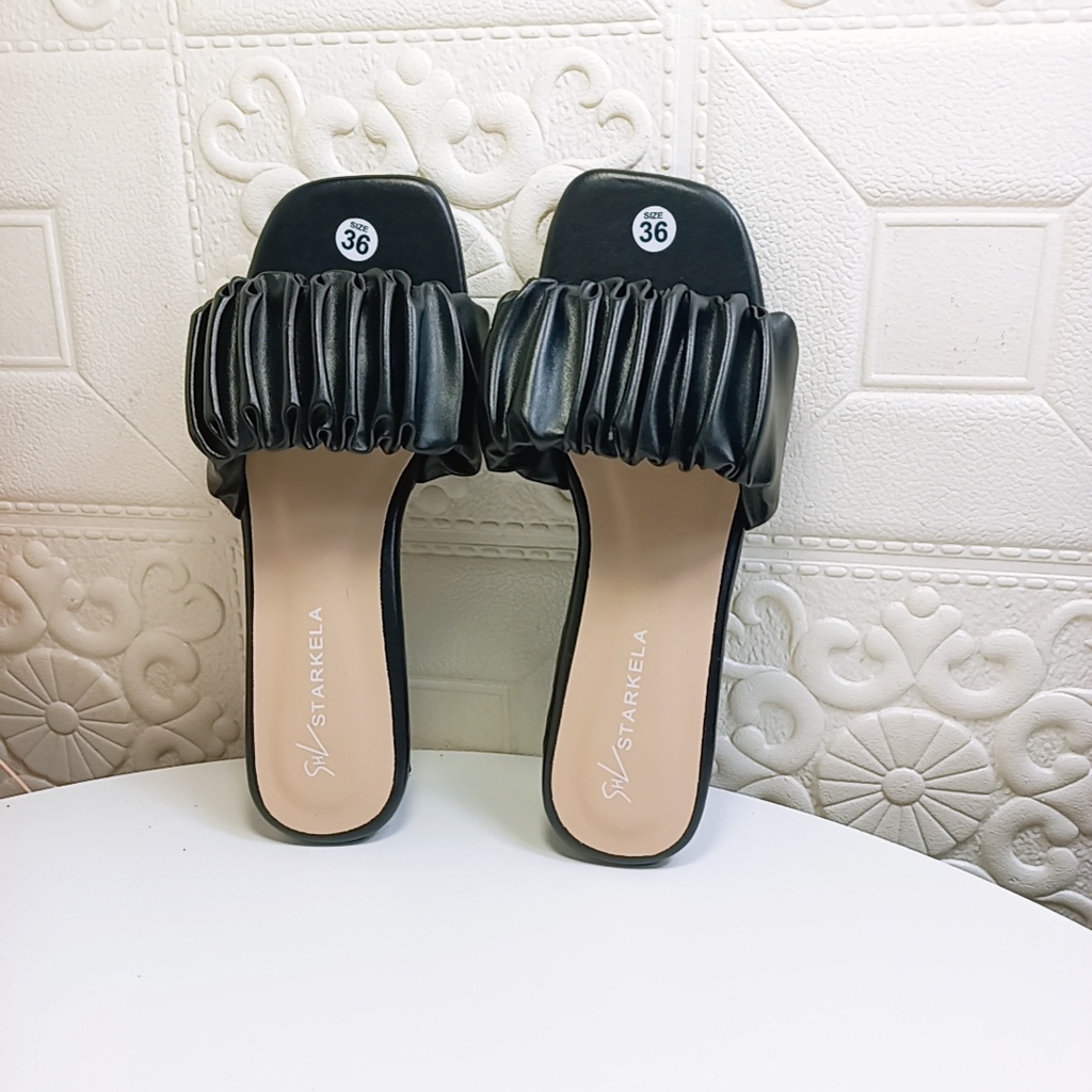 Dép nữ đế vuông cao 3cm quai ngang nhún bèo xinh xắn 4 màu đen trắng xanh hồng Minhtuyetshoes