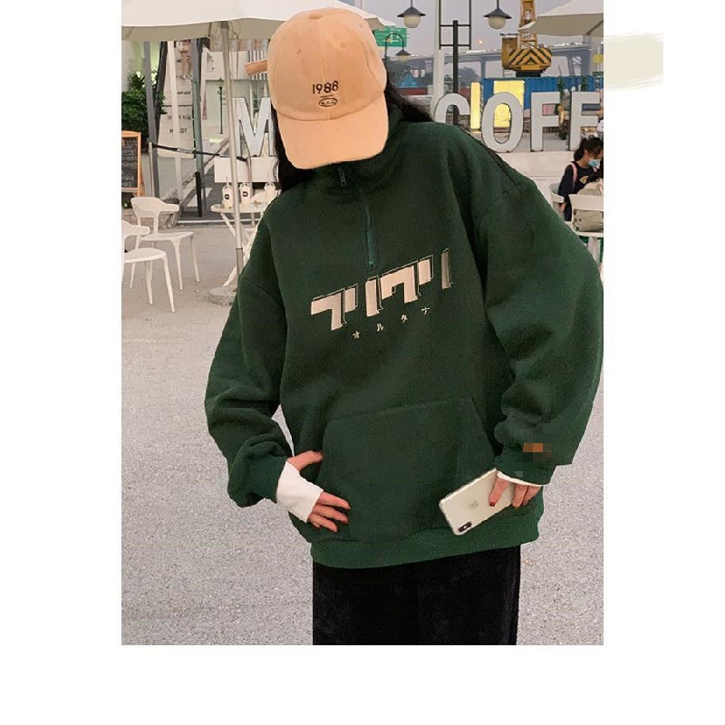 Áo sweatshirt nhung cổ đứng dáng rộng in chữ phong cách Hàn Quốc thời trang thu đông 2023 cho nữ