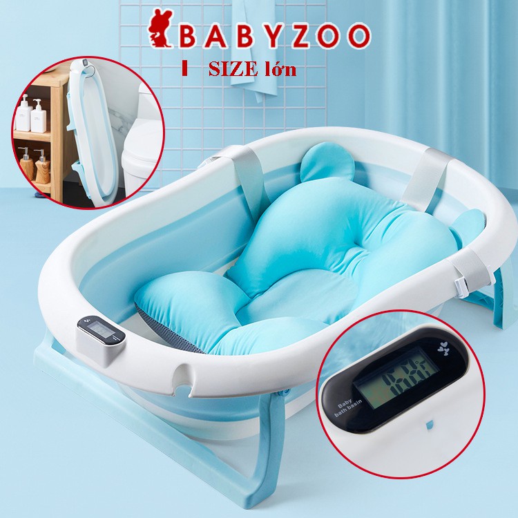 Chậu tắm cho bé, thau tắm gấp gọn cao cấp, có nhiệt kế + phao, size to, đồ sơ sinh Babyzoo