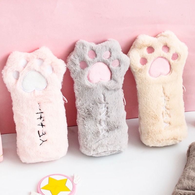 Túi đựng bút hình dấu chân mèo nhồi bông dễ thương sức chứa lớn cho học sinh