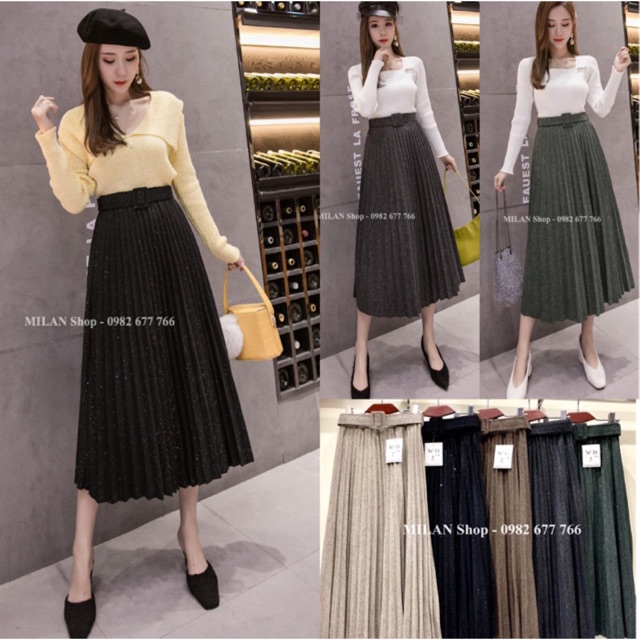 Chân váy dạ dài xếp li kèm đai kim sa & trơn