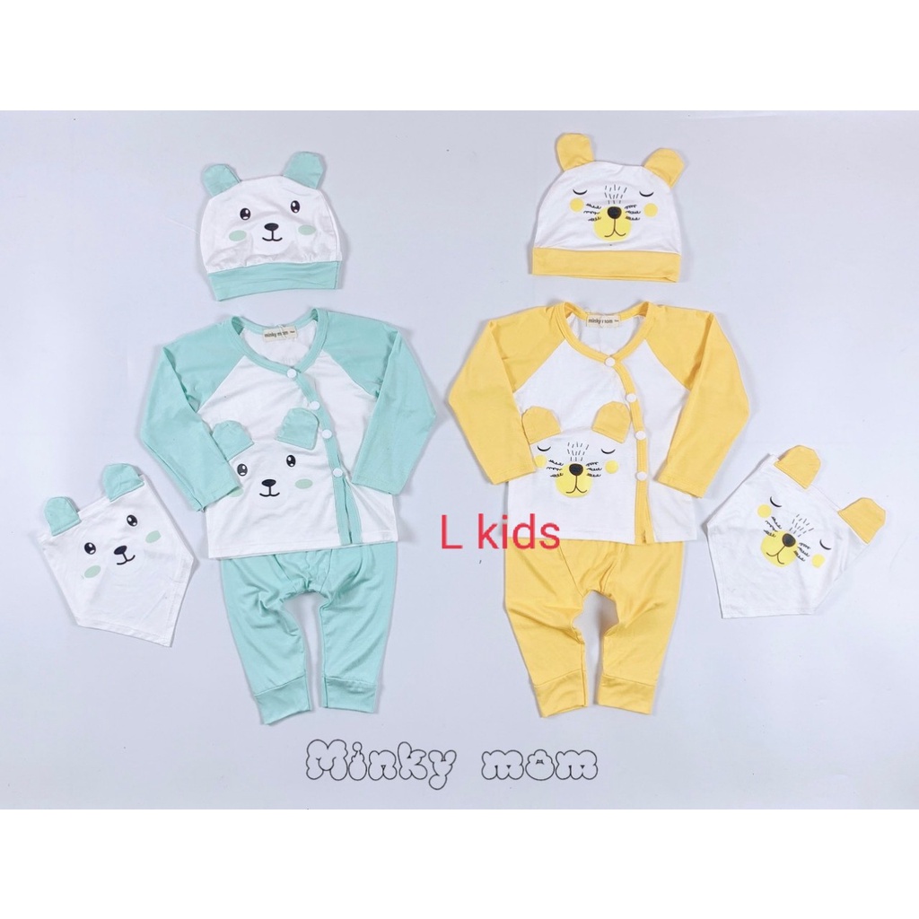 [Bé 6-13kg] Bộ dài tay sơ sinh kèm nón và khăn THUN LẠNH MINKY MOM Quần Đắp Đũng, Nút Cài Chéo, cho bé trai bé gái