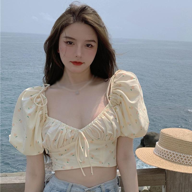 Áo Croptop Tay Ngắn Cổ Chữ V Họa Tiết Hoa Duyên Dáng Cho Nữ