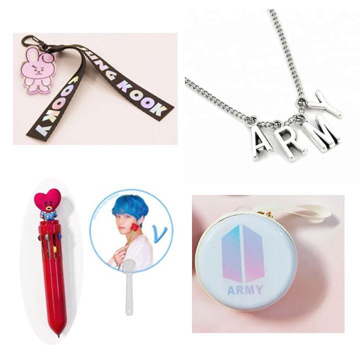 (M66) Combo 5 món đồ BTS gồm nametag vòng army bút nhiều màu quạt tròn cầm tay hộp đựng tai nghe