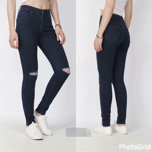 [Size to 32~36] Quần Jean Dài Xanh Đậm Co Dãn Mạnh, Lưng Cao Trên Rốn [HÌNH THẬT MẪU CHỤP]