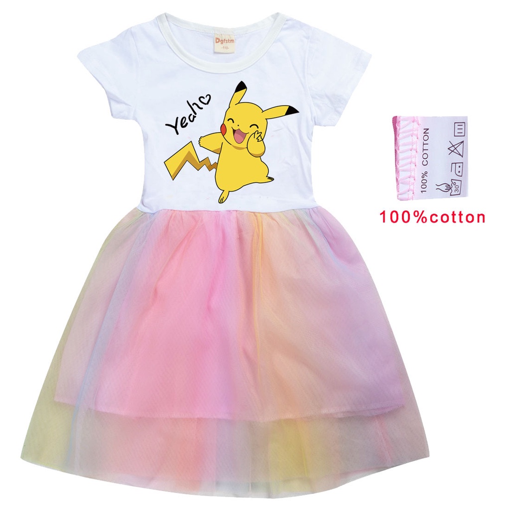 Đầm Xoè Tutu Tay Ngắn Hoạ Tiết Hoạt Hình Pikachu Cho Bé Gái Từ 2-10 Tuổi