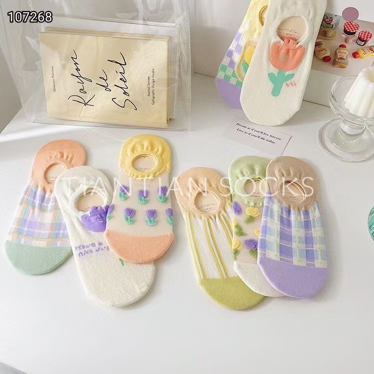 TIAN TIAN T186 Vớ Cotton Lụa Cotton Pha Thủy Tinh Tinh Khiết Chống Trượt Chống Rơi Vỡ In Hình Hoa Dễ Thương Phong Cách Nhật Bản Cho Nữ Vào Mùa Hè