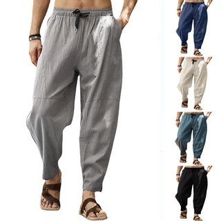 Image of Men's Casual  Slack Pants Cotton Linen Solid Long Pants Hippie Summer Tapered Leg Elastic Waist Loose Fit Drawstring Summer Beach Baggy Pants for Men Jogger Yoga Trousers