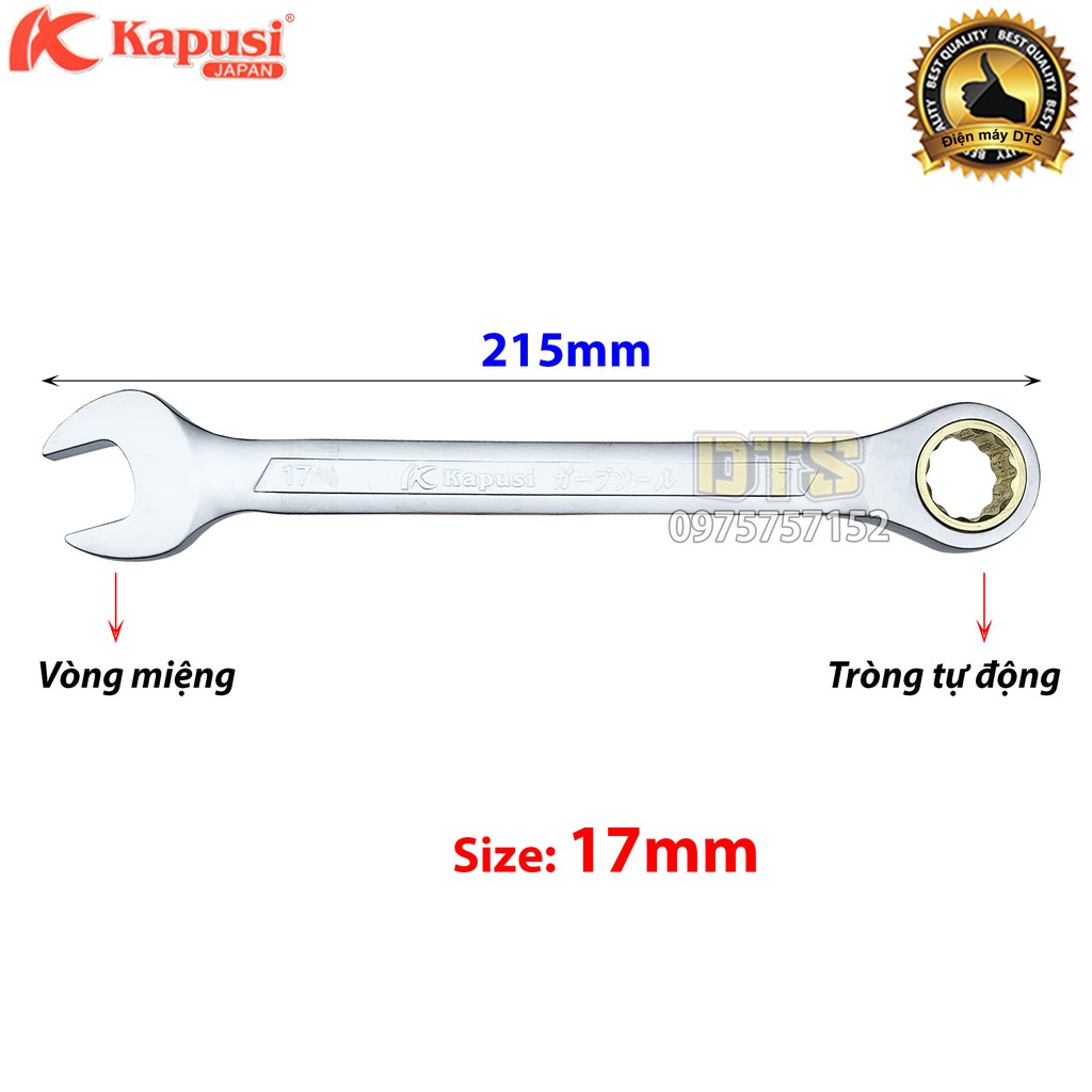 Cờ lê vòng miệng tự động 17mm Kapusi Japan, thép CR-V chịu lực cao 50BV30, bánh cóc 72 răng - Cờ lê tự động xoay 360 độ