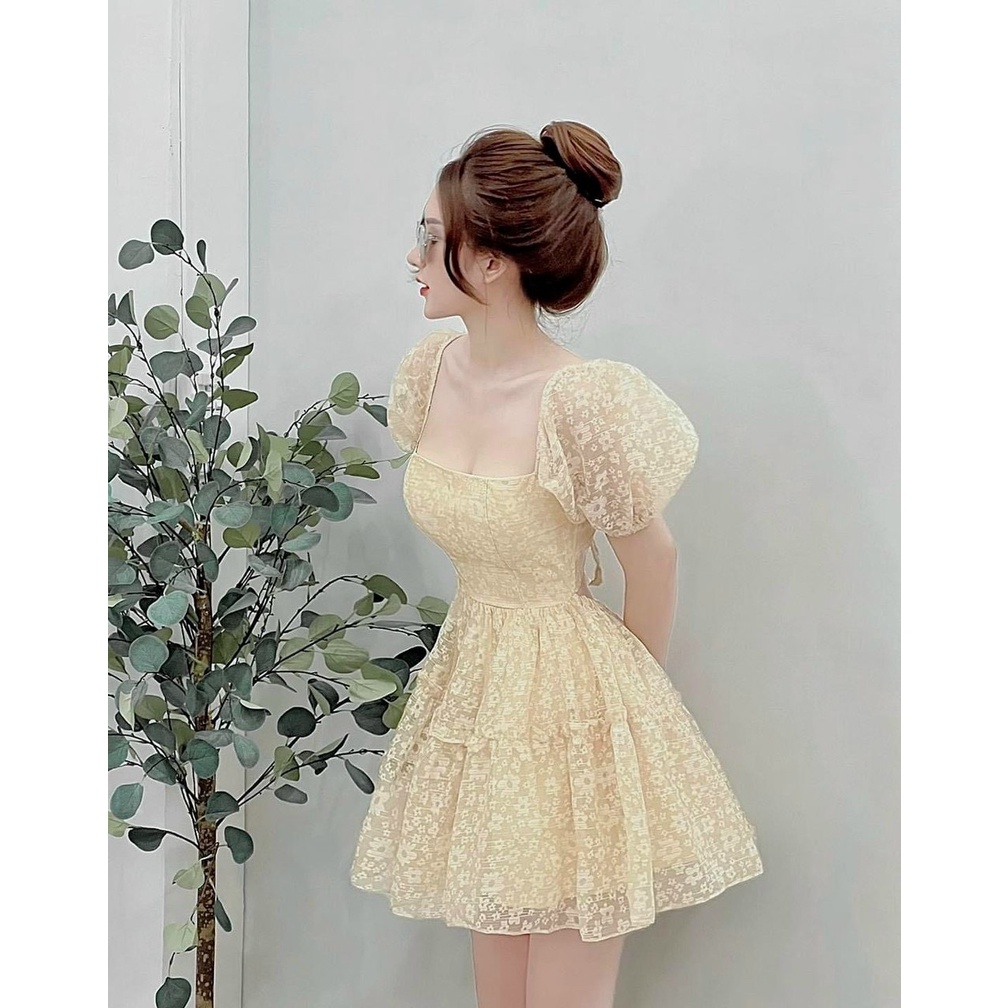 Đầm nữ thời trang mặc đi chơi, Đầm nữ xô bông dễ thương tay phồng ngắn váy xếp li cao cấp y hình 100%