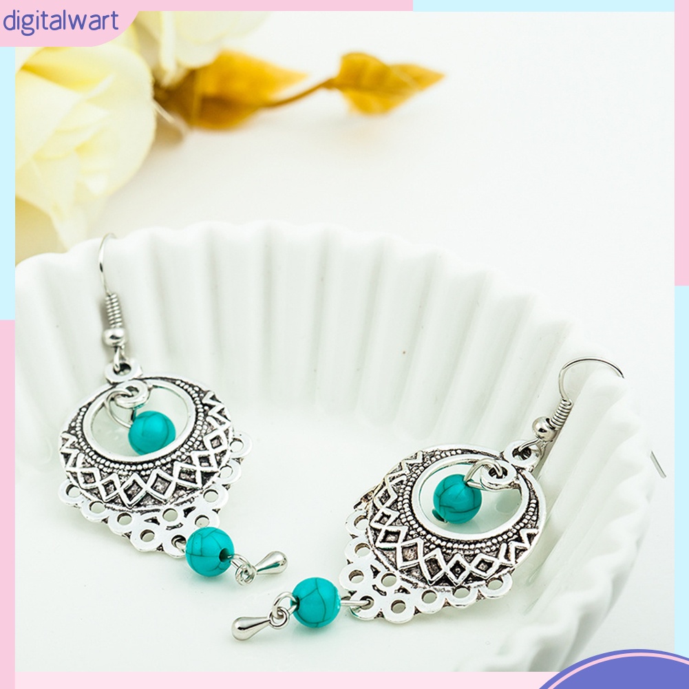 Đôi khuyên tai hợp kim dài khám đá ngọc lam giả phong cách Vintage thời trang cho nữ
