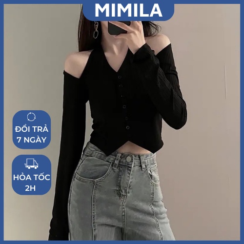Áo Croptop Dài Tay MIMILA Áo Thun Cổ Yếm Khoét Vai Phối Cúc Sang Chảnh Thời Trang Cho Nữ - MA071