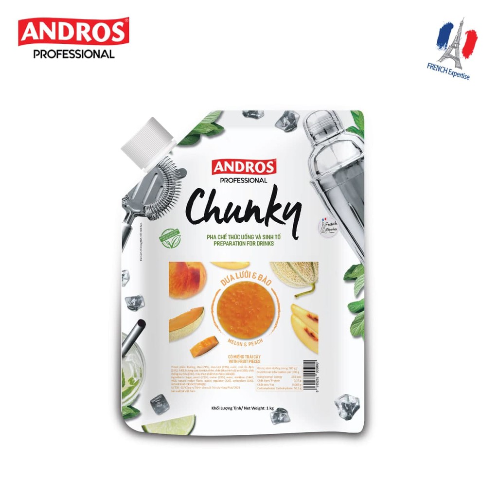 [Mã BMBAU50 giảm 7% đơn 99K] ANDROS - CHUNKY Dưa Lưới &amp; Đào (Melon &amp; Peach) - Nguyên liệu pha chế - Túi 1kg