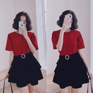 Chân váy nhung xếp tầng
