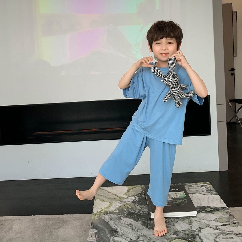 Bộ Đồ Ngủ Bằng Cotton Màu Trơn Thời Trang Mùa Hè Cho Bé Trai