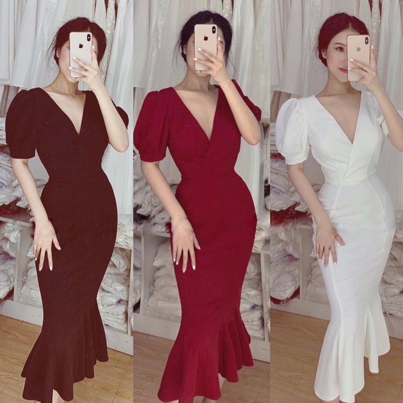 Đầm tay bồng cổ V dáng ôm đuôi cá