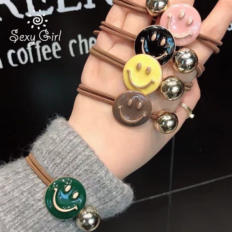 Dây thun buộc tóc đính ngọc trai nhân tạo họa tiết mặt cười phong cách Hàn Quốc dễ thương
