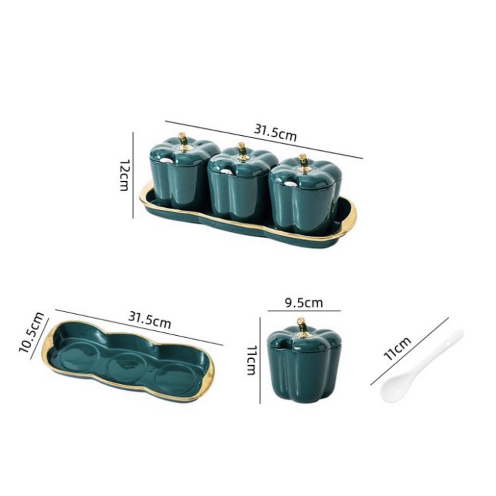Bộ 3 hũ gia vị bằng sứ hình trái cây viền gold cao cấp