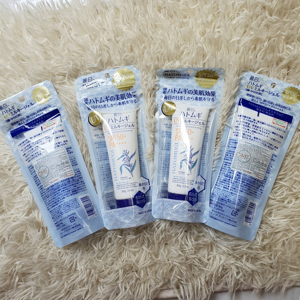 Hatomugi Kem Chống Nắng Reihaku UV Care & Moisturizing Milky Gel chiết xuất ý dĩ SPF50+ PA++++ 80g