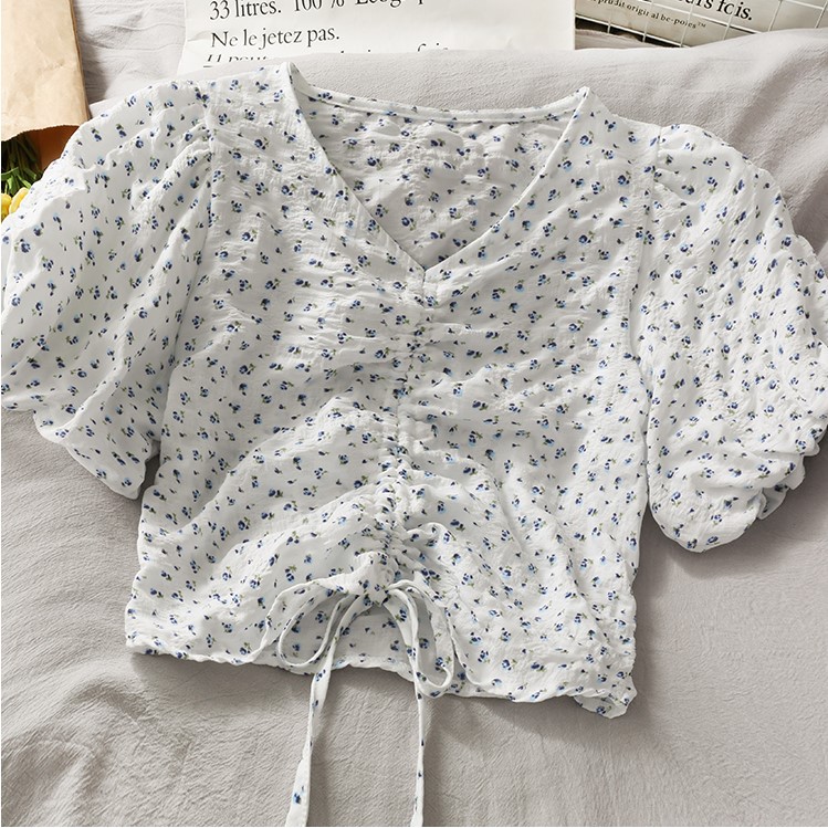 Áo Croptop Hoa Nhí Tay Phồng Rút Ngực Hàng Quảng Châu AK04 Kèm Ảnh Thật